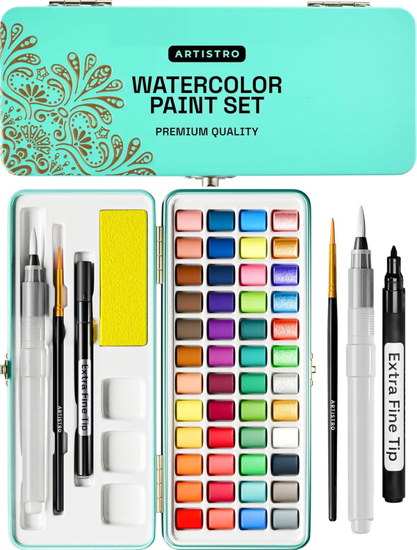 Watercolor Paint Set, Vivid Colors in Portable Box, Palette Set, Including Metallic and Fluorescent Colors. Perfect Travel Watercolor Set for Artists, Amateur Hobbyists and Painting
