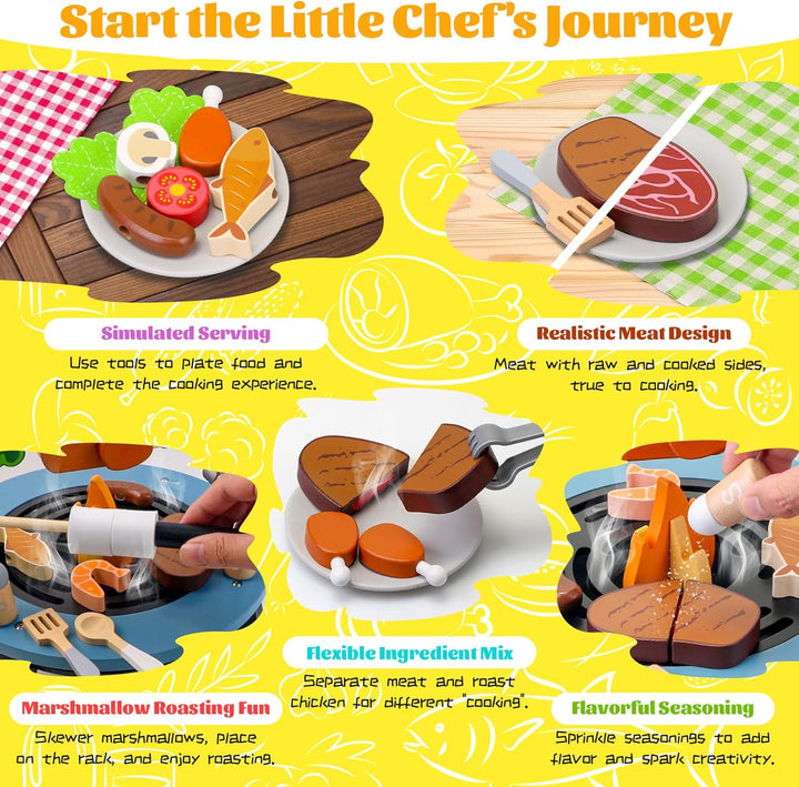 Wooden Play Barbecue Toy Gril,45Pcs Kids Grill Playset with Rotating Skewering Mode,Pretend Cooking Kitchen Playset Grill Toy Birthday Gift for Boys&Girls 3+