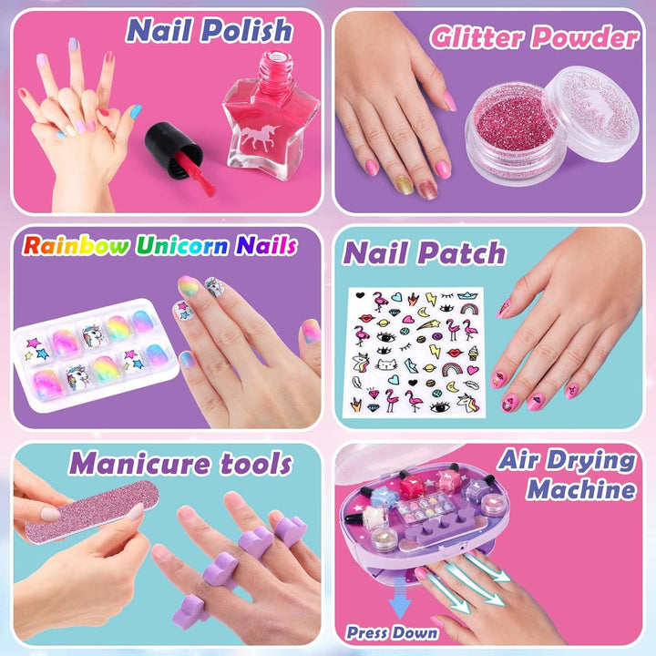 Kids Nail Polish Set for Girls, All-In-One Nail Art Kit - Dryer/ Glitter Powder/ False Nails/ Nail Decals/ Toe Separator/File, Age 3-12 Little Girl Gift Toys