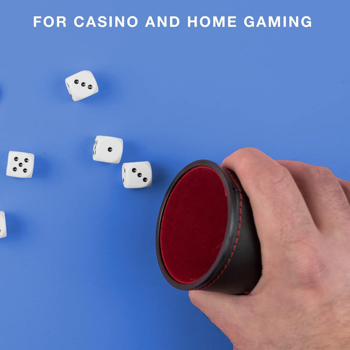 Dice Set with Dice Shaker Cup - Perfect for Casino Dice Game for Family Leather - Poker Dice Shaker - 5 Red Lined Dice Cups and 25 Dice Sets