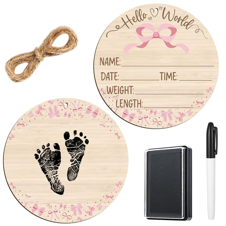 Baby Announcement Wooden Name Sign for Hospital Birth Double Sided Newborn Welcome Sign with Marker Pen and Ink Pad for Baby Shower Hand Footprints(Jungle)