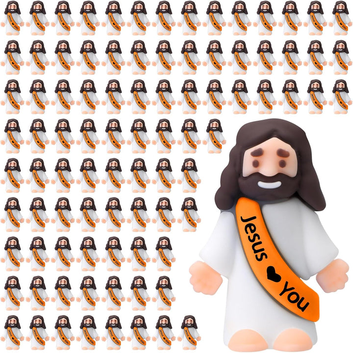 100 Pcs Little Jesus Figures Jesus Loves You Original Design Rubber Pocket Toys Little Figures to Hide and Seek Sunday School Religious Party Share Gifts(Vibrant Color)