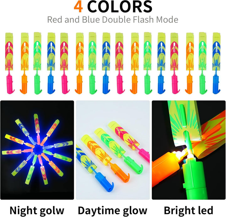 25 Packs LED Flying Toys Set with Whistle,25 Rocket Slingshot+25 Glow Arrow Helicopter for Summer Outdoor Camping Toys Game LED Slingshot Toy for Kids Glow in the Dark Party Supplies 8-12,4-8