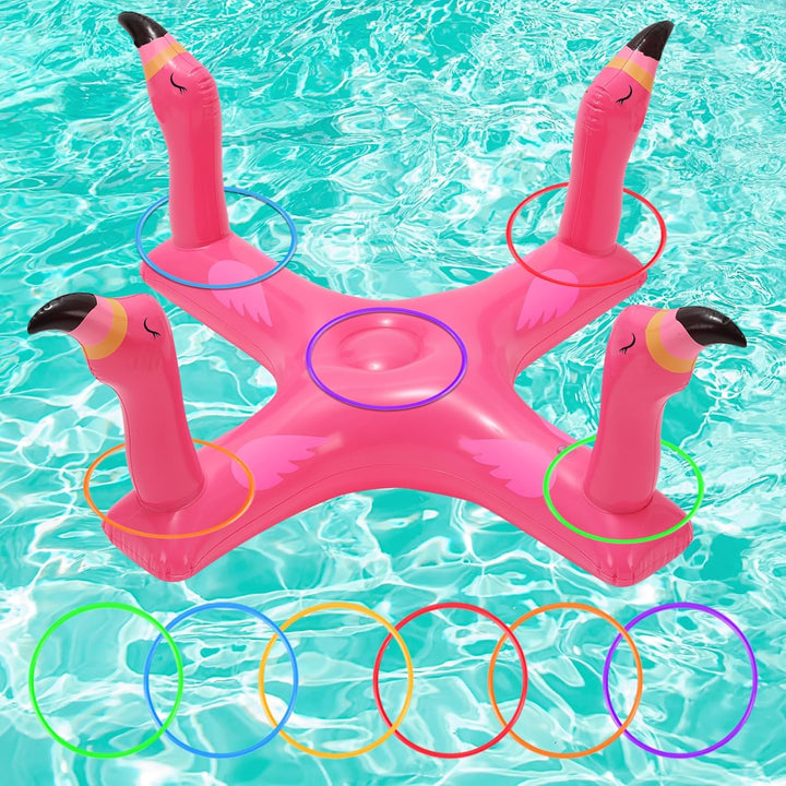 Inflatable Pool Ring Toss Games Toys, Floating Shark Flamingo Swimming Pool Ring with 6Pcs Rings, Swimming Pool Games for Kids Adults Summer Pool Party