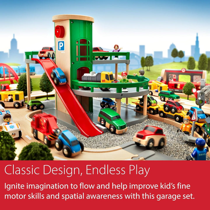World Parking Garage - 7-Piece Wooden Toy Garage with 2 Cars, 1 Transporter Wagon, and Wooden Ramp Tracks - Works with All  Train Sets - Fsc-Certified - Sparks Creativity & Fun - Ages 3 & Up