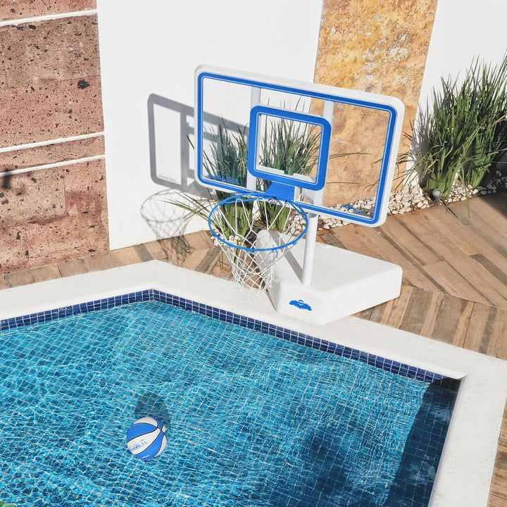Dunn-Rite Splash & Shoot Clear Outdoor Adjustable Height Swimming Pool Basketball Hoop W/Ball, Base, & 18 Inch Stainless Steel Rim, Blue