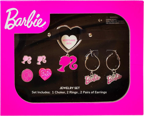 Barbie Themed 2-Piece Adjustable Ring Set, a Pair of Stud and Hoop Earrings, and a Choker for Girls - Barbie Themed Charms, Universally Fitting & Stylish Gifts - Ages 4+