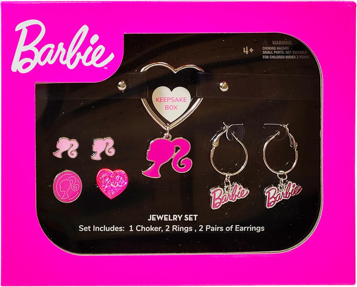 Barbie Themed 2-Piece Adjustable Ring Set, a Pair of Stud and Hoop Earrings, and a Choker for Girls - Barbie Themed Charms, Universally Fitting & Stylish Gifts - Ages 4+