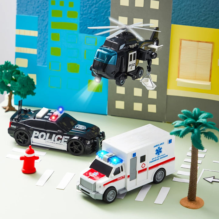 Toddler Truck Toys for 3 4 5 6 7 Year Old Boys - Police Car Toy Set, Emergency Vehicle Playset, Friction Powered Car with Lights and Sounds, Christmas Birthday Gifts for Boys Girls Age 3-9