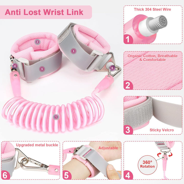 3 in 1 Toddler Harness Leashes + anti Lost Wrist Link, Kids Harness Children Leash for Girls, Child anti Lost Leash Baby Cute Harness Belt Strap Hold Kids Close While Walking