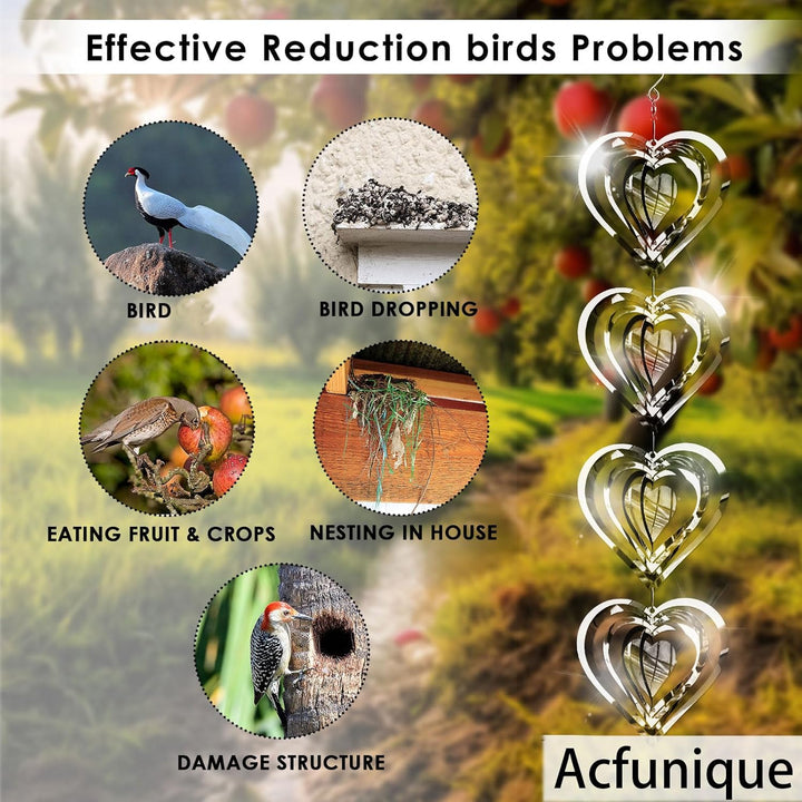 Bird Deterren for outside Patio,Bird Scare Devices Discs Reflectors Stainless Steel Wind Spinners Reflective Heart Metal Bird Repellen to Keep Birds Away Porch Garden Yard Sparkly Double Side Spinners