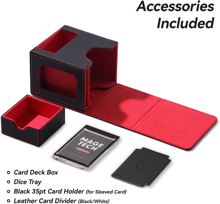 Card Deck Box for MTG Commander - Patented Design, Commander Display, Fits 100 Double-Sleeved Cards, 35Pt Card Brick & Dice Tray - Black/Red