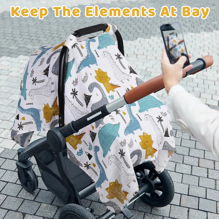 Dinosaurs Carseat Cover - Muslin Cotton Infant Car Seat Canopy, Breathable Baby Carrier Cover, Summer Stroller Sun Shade
