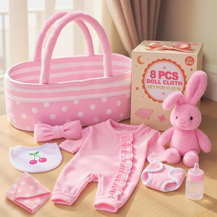 8 Pcs Baby Doll Accessories, Reborn Baby Dolls Clothes with Bassinet for 17-22 Inch Baby Dolls, Outfit Fit Newborn Babies Doll Girl, Babies Pretend Play Set (Not Doll)