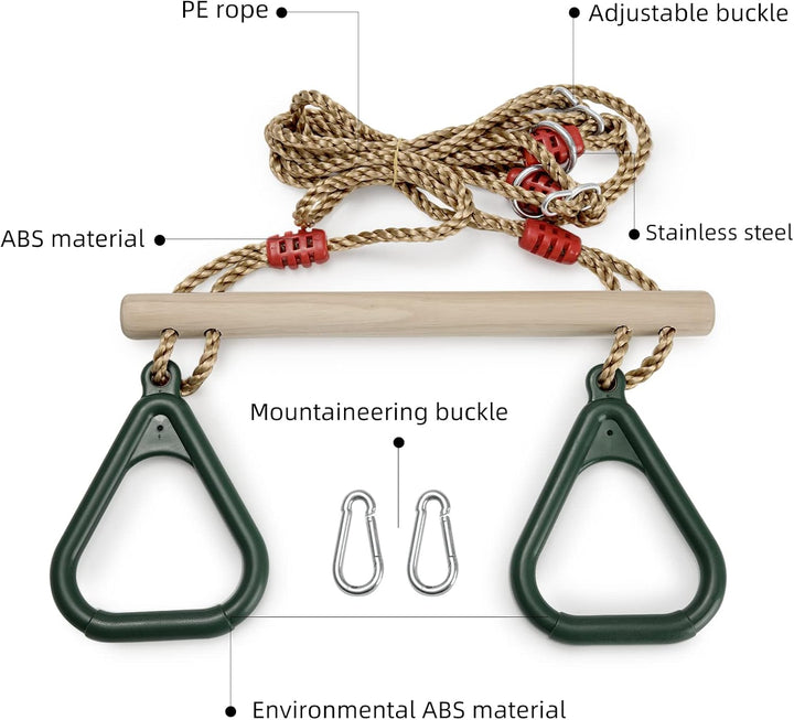 Playground Children'S Wooden Trapeze Swing Bar with Plastic Gym Rings Swing Set for Indoor & Outdoor Fun