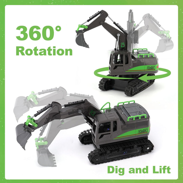 Remote Control Excavator Toys for Boys 4-7 Yrs Old - Best Birthday for Kids 3 5 8 9 10+, Metal Shovel Construction Vehicles with Light Sound, 2.4G Rechargeable RC Tracked Digger