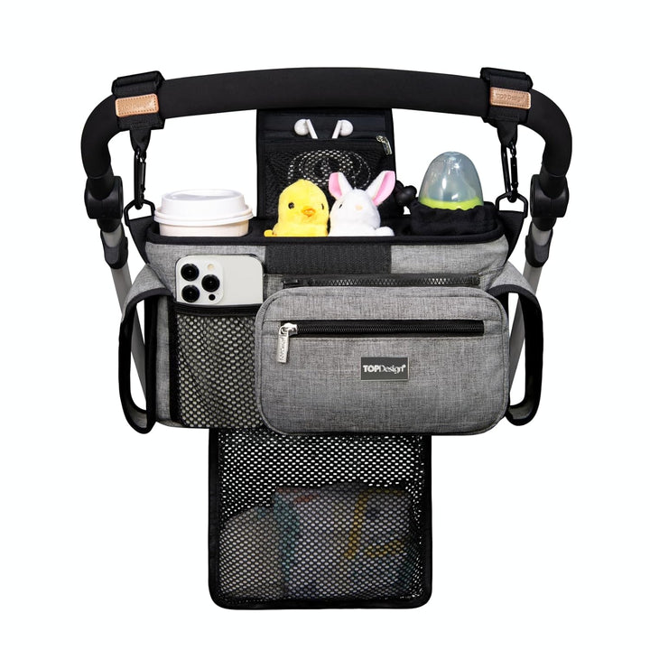 Universal Baby Stroller Organizer, Stroller Caddy with Detachable Mesh Bag & Heightened Insulated Cup Holders & Non-Slip Secure Hooks Accessories, Fits Most Strollers (Checkerboard)