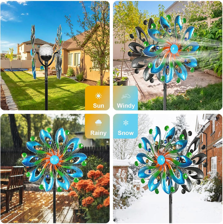 Wind Spinners for Yard and Garden - Wind Sculptures & Spinners, 75 Inch, Navy Blue, Kinetic Art with Solar Powered Multi-Color Glass Ball Light