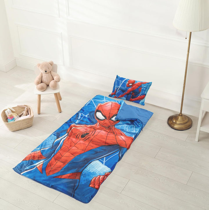 Marvel Spiderman 3 Piece Sleepover Set - Cozy & Warm Kids Slumber Bag with Pillow & Eye Mask (Official Marvel Product)
