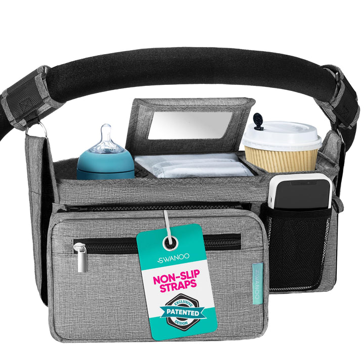 Stroller Caddy Organizer with Cup Holder, Non Slip Straps Bag for Phone, Pet Stroller Accessories, Universal Fits Uppababby Vista V2 Wonderfold Wagon, Doona and More