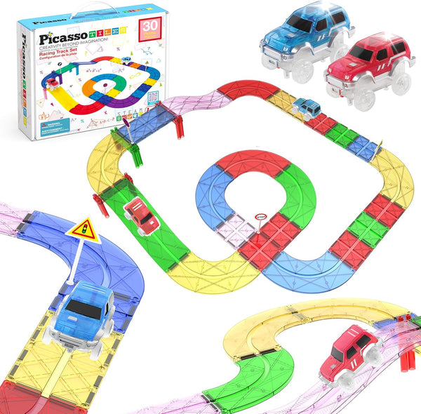 Magnetic Tiles Race Track Car Thrilling Toy Playset Includes 2 Racing Trucks STEM Educational Magnet Tile Building Block Construction Set for Toddlers Boys Girls Ages 3 and Older PTR30
