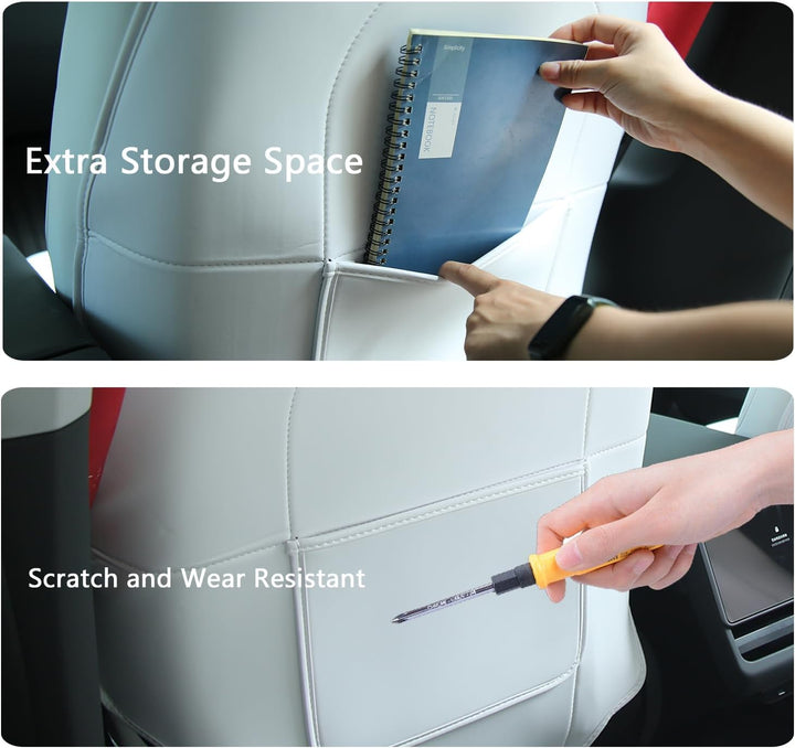 Seat Back Kick Protector for Tesla Model Y Model 3 Model S Model X Leather Backseat Mats for Kids Wear-Resistant Back Seat Cover with Extra Organizer Pocket 2 PCS -White