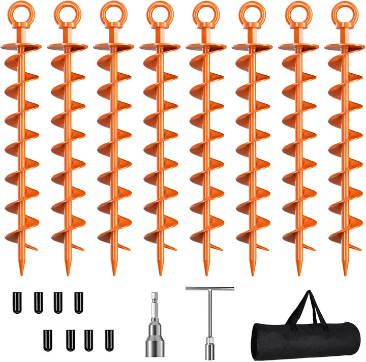 Ground Anchor Screw In, 4 Pack Spiral Trampoline Anchors with Nut and Tool Swing Set Anchors Tent Stakes High Wind Heavy Duty for Sheds, Carports, Mobile Home Orange