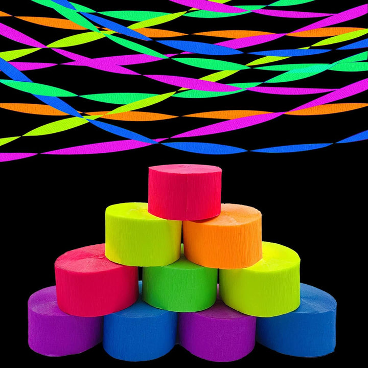 600 Feet Glow Crepe Paper Streamers UV Glow Party Neon Streamer Decorations Glow in the Dark Black Light Reactive Fluorescent Neon Paper Party Streamers Wedding Birthday Blacklight Party Supplies