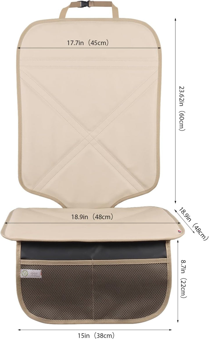 Car Seat Protector Leather Waterproof Child Safety Seat Protector Cover with Thick Pad and 2 Large Pockets Durable Kick Mat for All Auto Seat (Beige)