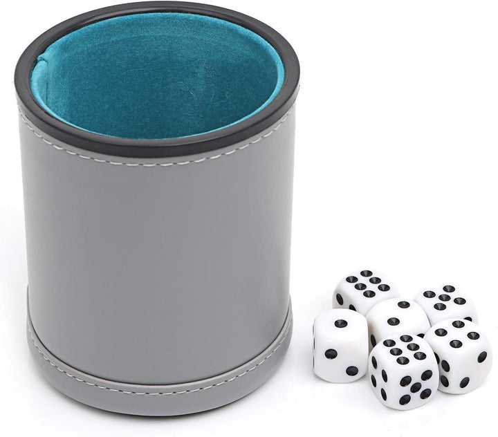 Dice Felt Lined PU Leather Dice Cup with 6 Dice, Felt Lined Interior Quiet Shaker for Yahtzee Game (Gray)