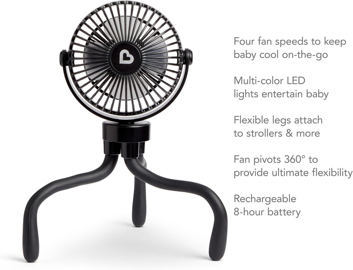 Stroller Fan - Portable Fan for Travel, Baby Gear Accessory with 4 Speeds, Flexible Clip-On Leg Attachment, Rechargeable Battery, Black with Multicolored LED Lights