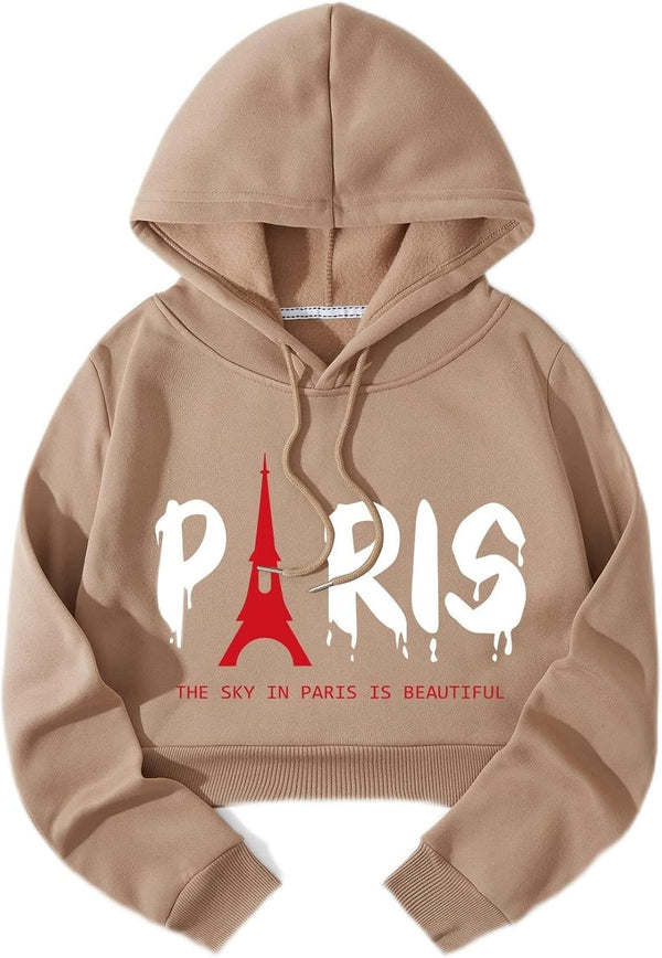 Women for Sweatshirt Eiffel Tower and Slogan Graphic Thermal Lined Crop Drawstring Hoodie Women for Sweatshirt (Color : Khaki, Size : Small)