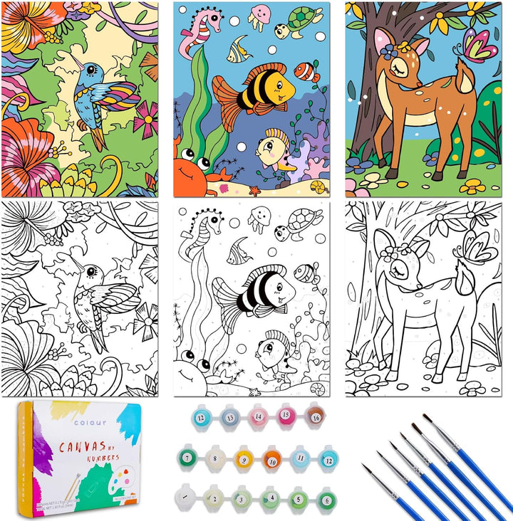 3 Pack Paint by Numbers Kit for Kids 8-12, 10*8" Framed Canvas with 17 Acrylic Paint Pots and 6 Brushes, Color by Number Crafts Art Supplies
