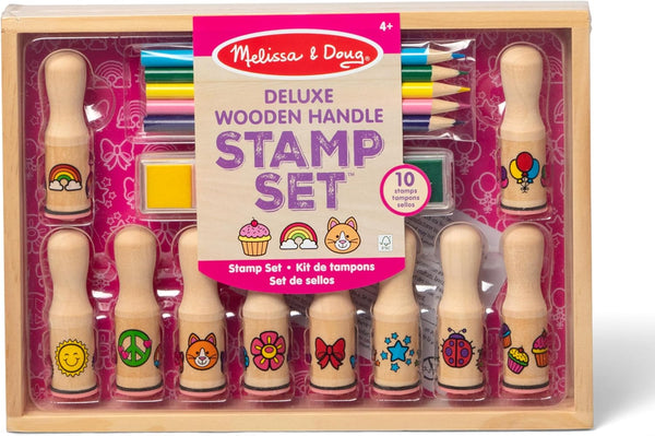 Deluxe Happy Handle Stamp Set with 10 Stamps, 5 Colored Pencils, and 6-Color Washable Ink Pad
