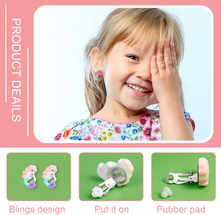 Clip on Earrings Hypoallergenic Clips Earrings Sets Suitable for Ages 4-12 Little Girls, Cute Small Clips on Earrings Jewelry Gifts Set
