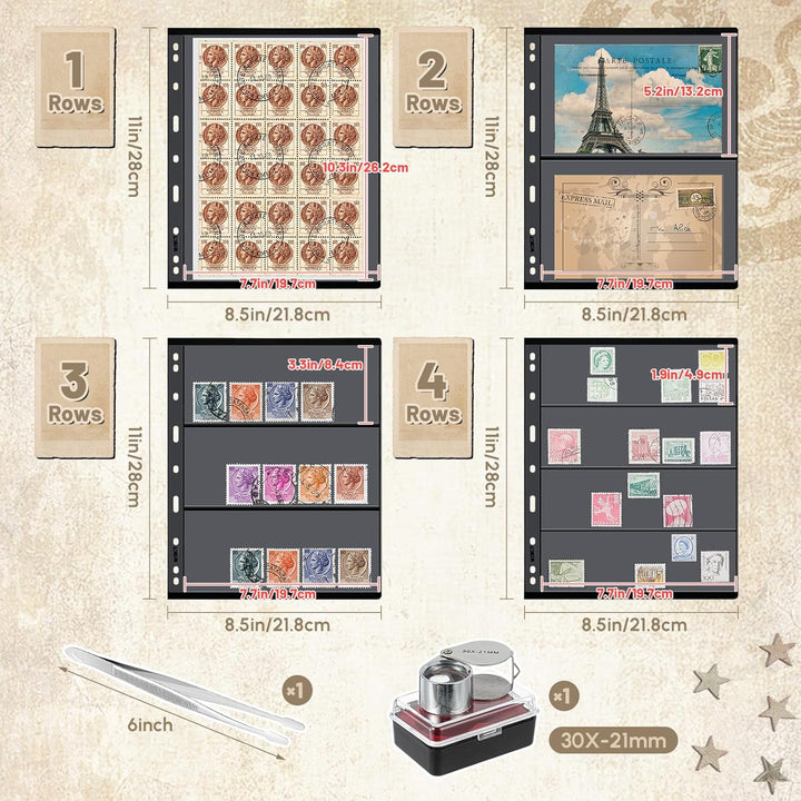 Stamp Collecting Albums Set Stamp Collection Book Include 20 Pages Album Binder Tweezer and Loop Magnifier Collecting Supplies for Collectors(Black,1/2/3/4 Rows)