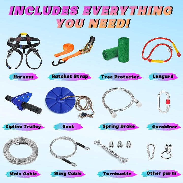 Zipline for Kids and Adult, Zip Line Kits for Backyard with Stainless Steel Spring Brake, Cable Tensioning Kit, Safety Harness, 2 Tree Protectors and Full Set of Zip Line Accessories