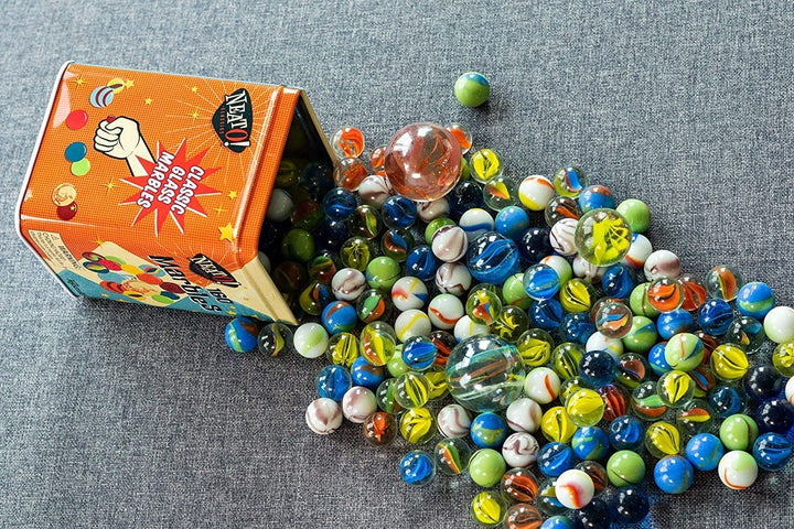 Neato! Classics 160 Marbles in a Tin Box by  - Retro Nostalgia Glass Shooter, Marble Games Are Timeless Play for Kids - Boys & Girls