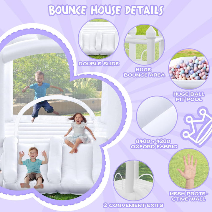White Bounce House, Inflatable Bounce Castle with Double Slide Ball Pit 370W Blower Bouncer for Toddler, Bounce House Bouncy Castle for Indoor Outdoor Backyard Wedding Kids Birthday Party