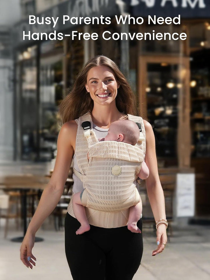 Baby Carrier Newborn to Toddler, Breathable Mesh Carrier(7-44Lbs) with One-Click Sliding Clasp, Head Support, Ergonomic Design and Hands-Free Comfort, Almond Beige