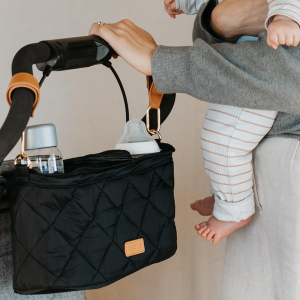 Beautiful Stroller Caddy Organizer with 2 Cup Holders – Luxury Stroller Bag, Universal Fit, Leather Straps & Zipper Pocket – Spacious Accessories Perfectly Fits Doona, Nuna & Uppababy Strollers