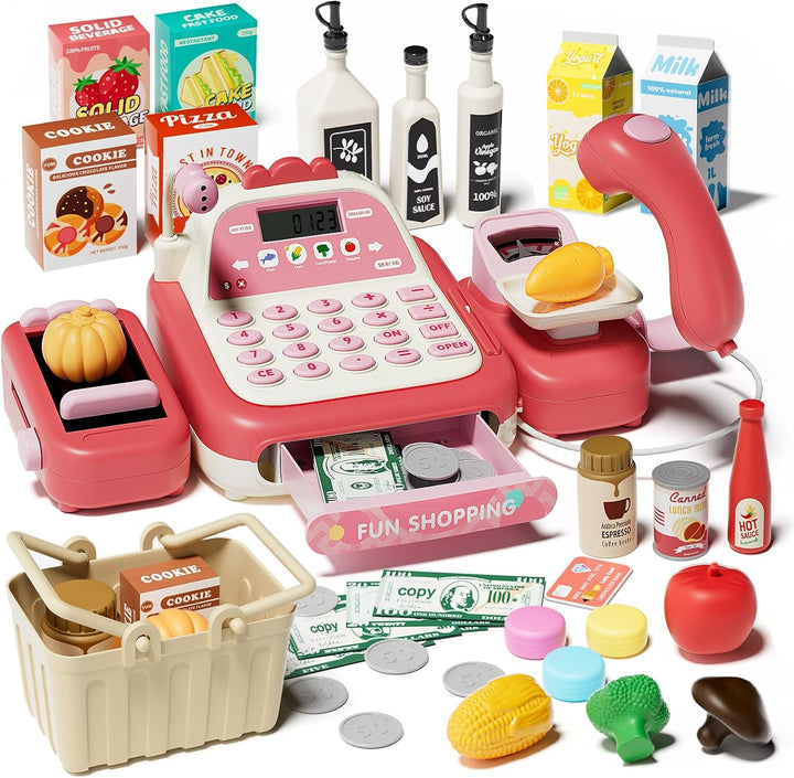49PCS Pretend Play Cash Register Toy Set for Kids with Real Calculator,Scanner,Microphone,Conveyor Belt,Weighing Tool,Cashier Playset Realistic Gift for Toddler Kid Ages 3 4 5 6 7 8 (Green)