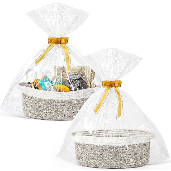 2 Pack Small Woven Basket with Gift Bags and Ribbons, Empty Decorative Gift Chest Box, Cute Baby Gift Basket for Nursery, Cotton Rope Room Shelf Storage Basket with Handles, All 12"X 8"X 5",White