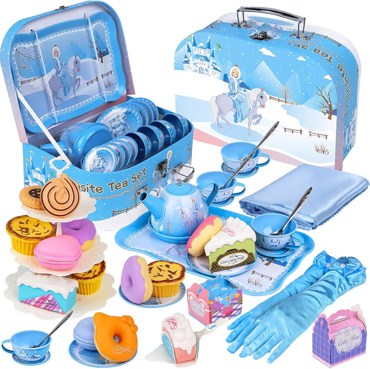 Tea Party Set for Little Girls, Princess Tea Time Toy Including Dessert,Cookies,Doughnut,Teapot Tray Cake, Tablecloth & Carrying Case,Kids Kitchen Pretend Play for Girls Boys Age 3-6