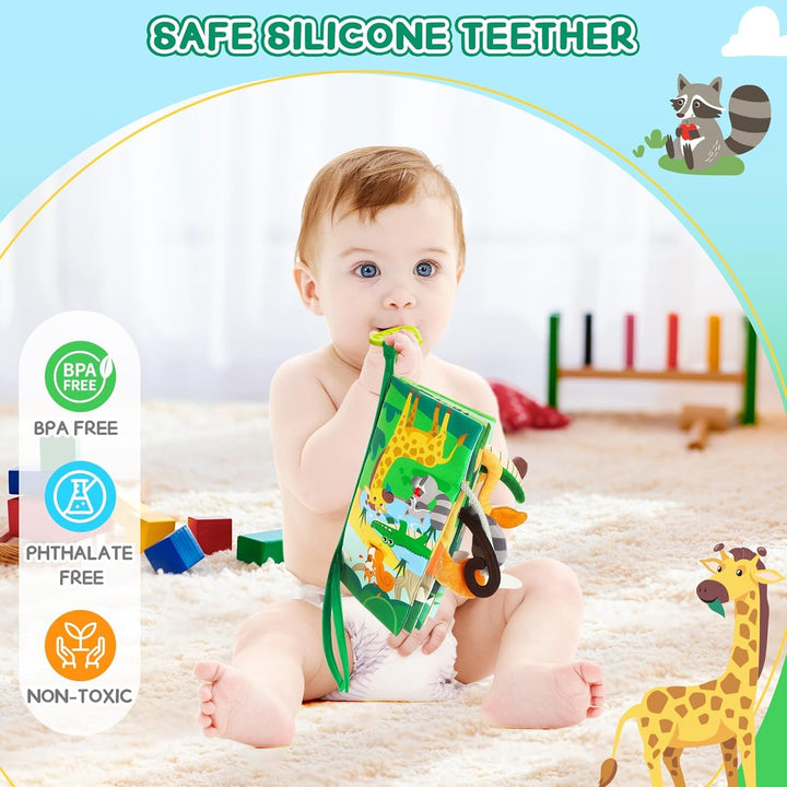 Soft Baby Book - Baby Toy - Newborn Boys Girls Shower Gift - Tummy Time Toy for Infant 0-6 6-12 Months - Touch and Feel Sensory Crinkle Book with Teether for Toddler