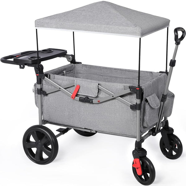 Foldable Wagons for Two Kids & Cargo, Collapsible Folding Stroller with Adjustable Handle Bar,Removable Canopy with 5-Point Harness Gray