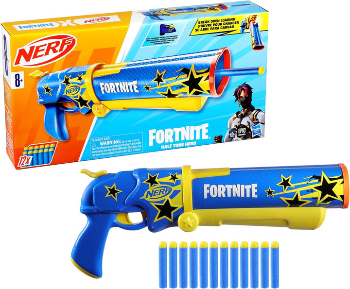 Fortnite Half Tone Hero Blaster, Bonus Code to Unlock Half Tone Hero Wrap in the Game, Break Open Loading, 12  Elite Darts, Fortnite Gifts (Amazon Exclusive)