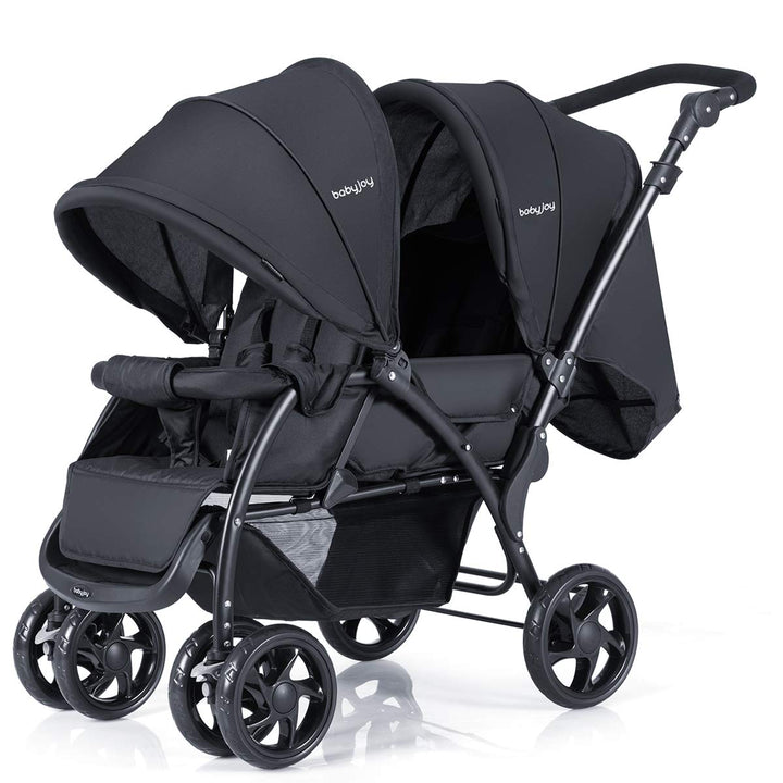 Double Stroller, Foldable Lightweight Twin Stroller with Tandem Seating, Adjustable Backrest/Canopy/Footrest, 5-Point Harness, Storage Basket, Newborn and Toddler (Black)