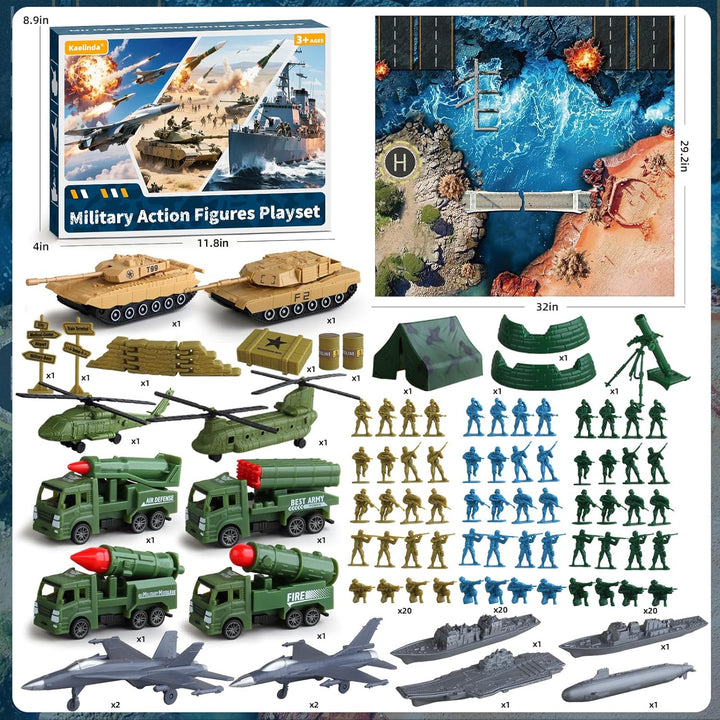 Army Men Action Figures, Army Toys for Boys Age 4-7 6-8 8-12, Toy Soldiers Playset Including Military Action Figures, Battle Mat & Weapon Gear Accessories, Green Army Guys Toys for Kids
