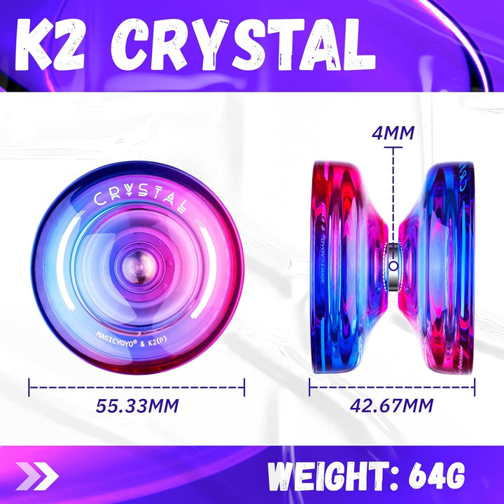 K2 Crystal Responsive Yoyo for Kids 8-12, Professional Fingerspin Trick Yoyo for Advanced, Dual Purpose Mode with Unresponsive Bearing+12 Yo Yo Strings+Yo-Yo Case Bag (Pink Purple Gradient)
